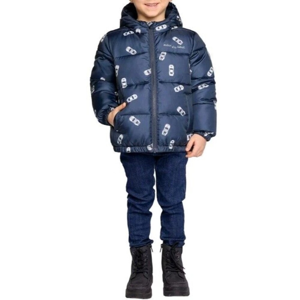 Miles The Label Boys Hooded Puffer Jacket cars Print navy‎ color Size 4T